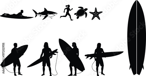 Surfing silhouette set with surfers, surfboards and ocean elements, black and white vector collection for beach and sport design use