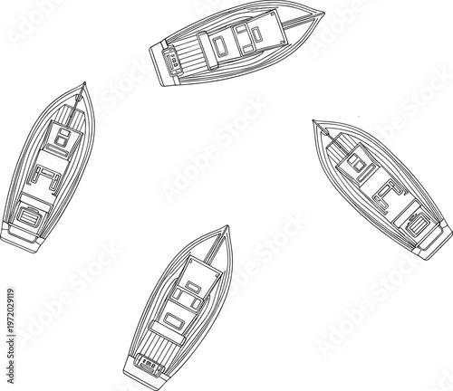 Top view boat set vector illustration, detailed small motorboats and yachts collection, marine transportation design elements isolated on clean background