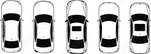 Top view car vector collection, multiple automobile roof perspectives in black and white outline style for transport and design use
