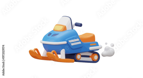 A stylized blue and orange snowmobile with a smoke effect, rendered in a 3D cartoon style