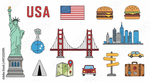 Vibrant collection of illustrated American travel symbols and iconic landmarks in a modern vector set, perfect for tourism graphics, educational materials, and USA-themed designs