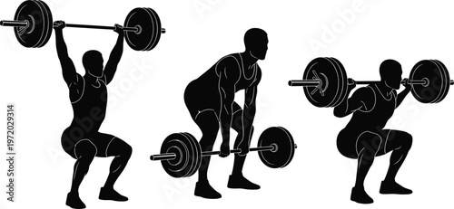 Weightlifting exercise silhouettes showing squat, deadlift and overhead press isolated on white background representing strength training, fitness workout and gym activity