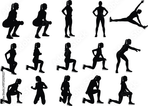 Women fitness workout silhouettes set featuring squats lunges stretching and strength exercises dynamic training vector illustration isolated on white background