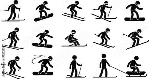 Winter sports silhouettes set featuring skiing and snowboarding actions, dynamic snow activity icons isolated on white background for travel and sport design