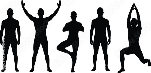 Yoga and fitness silhouettes set featuring standing poses stretching balance and meditation exercises vector illustration isolated on white background for wellness design