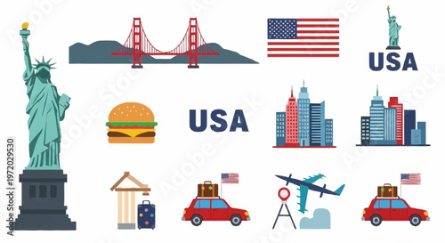 Iconic USA Travel Vector Set Explore Famous Landmarks, Transportation, and Food Highlights for Your American Adventure