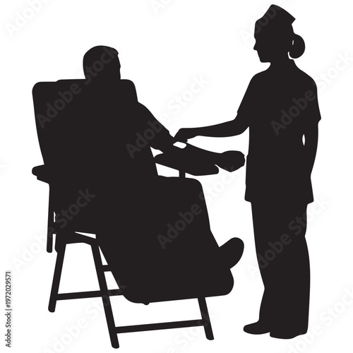 Blood donation silhouette, patient in medical recliner chair with nurse providing healthcare help