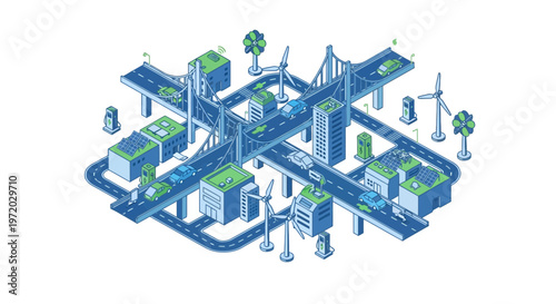 An isometric view of a sustainable city design, featuring roads, buildings, and green technology