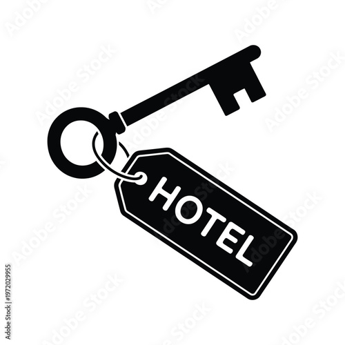 A black silhouette of a hotel key with a tag isolated on white