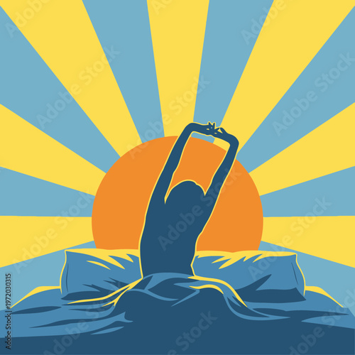 Person stretching in bed after waking up to a sunny morning sunrise