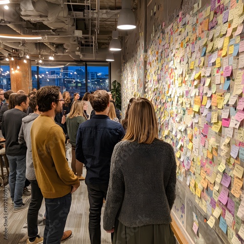 Collaborative Team Brainstorming in Front of Sticky Note Wall