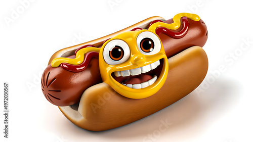 Cartoon hot dog character with smiling face ketchup mustard topping in bun playful anthropomorphic food design for humor advertising and digital art