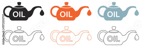 Engine Oil Can Icon Set with Dripping Drop, automotive lubricant container symbol in black, orange, and blue, solid and outline flat vector illustration