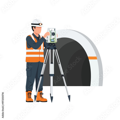 Surveyor using a total station on a tripod for precise measurements in front of a tunnel entrance, symbolizing engineering and construction tasks