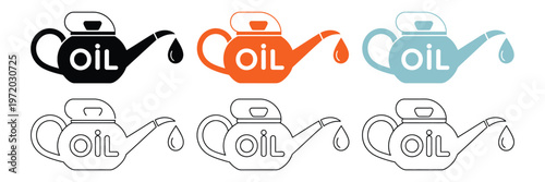 Engine Oil Can Icon Set with Dripping Drop, representing motor oil, car maintenance, and automotive lubrication, black, orange, and blue solid and outline flat