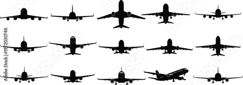 Airplane silhouettes vector set, front view commercial passenger aircraft collection, aviation transport design elements isolated on clean background