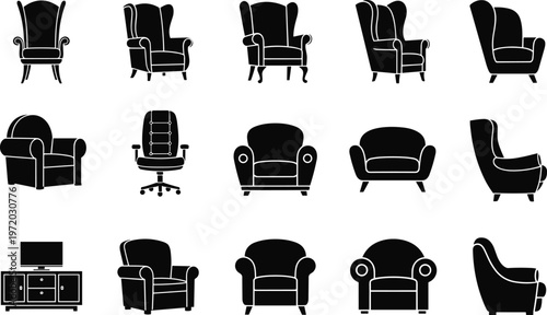 Armchair and sofa silhouettes vector set, classic and modern furniture collection, interior design seating elements isolated on clean background