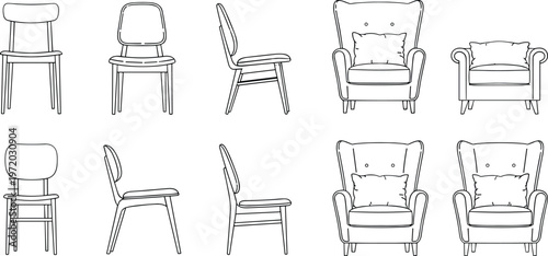 Chair line art collection featuring modern seating designs including armchairs and dining chairs representing interior furniture concepts isolated on white background