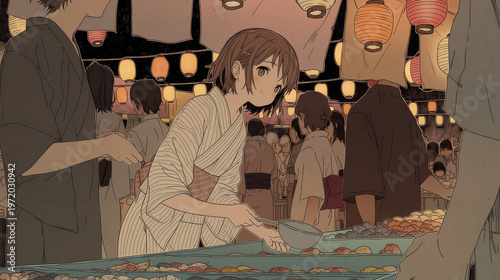 夏祭りの屋台で働く浴衣姿の女性のアニメ風イラスト 提灯の温かい光