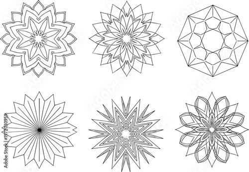 Collection of six intricate geometric mandala designs with radial symmetry and decorative starburst patterns