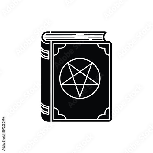 A black book with a white pentagram symbol on the cover