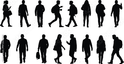 Collection of walking people silhouettes with backpacks and casual outfits representing urban lifestyle, commuting, and daily activity isolated on white background