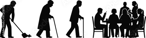 Elderly people silhouettes showing aging activities including walking with cane, cleaning, and social interaction representing senior lifestyle isolated on white background