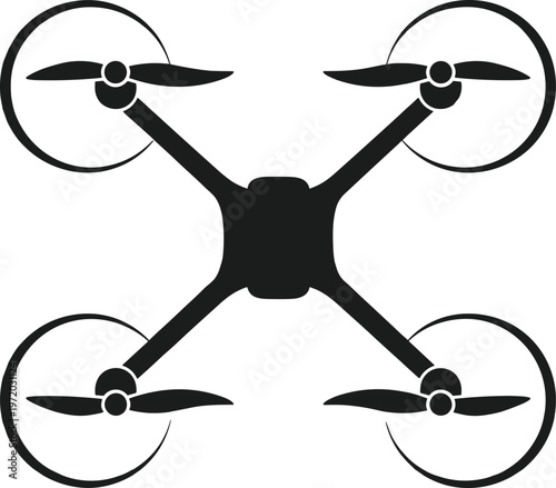 Drone quadcopter silhouette vector illustration, top view aerial device with propellers, modern technology and aviation design isolated on clean background