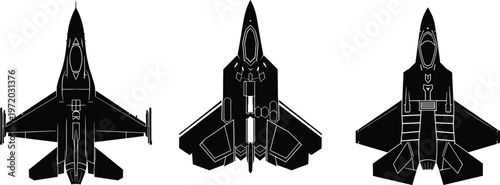 Modern stealth fighter jet top view vector silhouettes, military aircraft blueprint style, detailed aviation design elements isolated on clean background