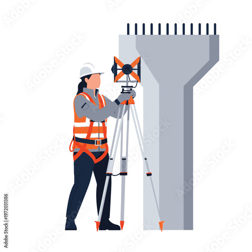 Surveyor using advanced equipment to measure concrete pillar construction for infrastructure development