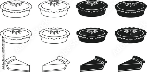 Pie and tart silhouettes vector set, dessert bakery icons including whole pies and slices isolated for food design projects