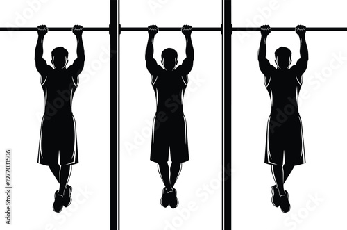 Pull up exercise silhouettes showing strength training positions representing fitness, workout routine, and bodyweight exercise isolated on white background