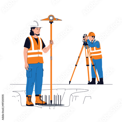 Surveyors using precision equipment to measure and map terrain for construction projects and land development