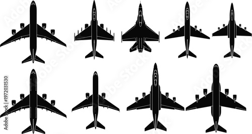 Set of airplane top view silhouettes vector collection featuring various aircraft models, aviation icons isolated for transport, travel and mapping design