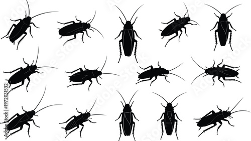 Set of cockroach silhouettes in various positions representing pest insects, infestation concept, and household hygiene issues isolated on white background