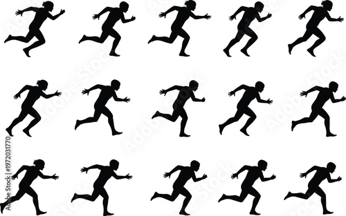 Silhouettes of twelve running human figures showing different stride stages and dynamic motion in black outline style