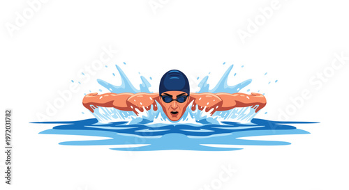 A powerful male athlete wearing a blue swim cap and goggles performs a meticulous butterfly stroke through splashing water against a white background.