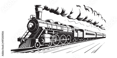 Detailed hand drawn vintage steam train locomotive with clouds of smoke running on tracks vector illustration.