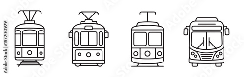 Billede på lærred Public transportation vehicle icons including heritage trams and modern city bus front view line art vector