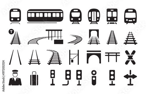 Subway transit system glyph icons set with solid shapes of trains tracks tunnels and railroad equipment art.