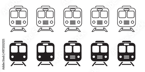 Front view train icons in various stroke weights and solid fill styles for mobile application user interface.