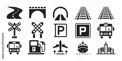 Logistics and infrastructure icons with road bridge tunnel rail track parking bus gas station and airport sign.