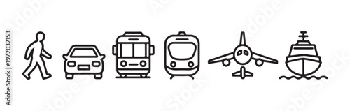 Transportation outline icon set showing walking man car bus train airplane and ship for travel logistics menu.