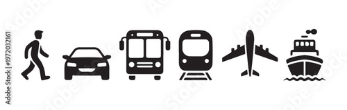 Public transport silhouette icon set including pedestrian vehicle bus subway plane and ferry for travel maps.