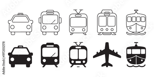 Public transportation icon set with taxi bus train tram airplane and ferry boat icons for urban travel apps.