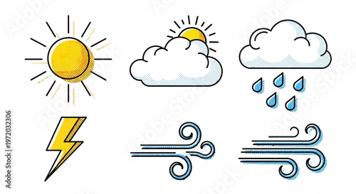 Collection of Weather Icons Including Sun, Clouds, Rain, Lightning, and Wind