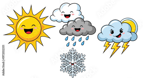 Cute weather icons depicting sunshine, rain, snow, and thunderstorms with a friendly cartoon style