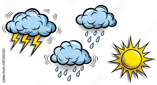 A cheerful cartoon illustration set depicting essential weather conditions stormy cloud with lightning, rain clouds, and a vibrant shining sun, perfect for forecasts