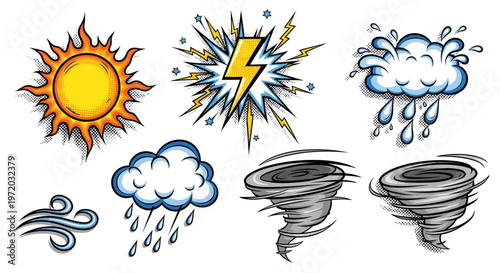 A versatile collection of detailed vector weather icons showcasing various atmospheric conditions and forecasting elements for digital interface design and application development