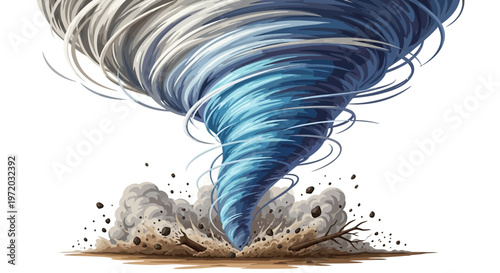 Dynamic illustration of a powerful, dual-toned tornado swirling upwards from a cloud of kicked-up dust and debris, symbolizing natural force and potential chaos